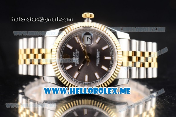 Rolex Datejust Clone Rolex 3135 Automatic Two Tone Case/Bracelet with Grey Dial and Stick Markers (BP) - Click Image to Close